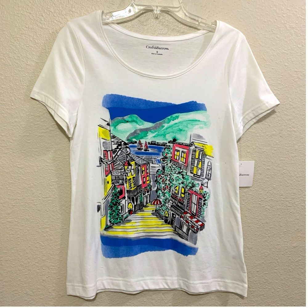 CROFT & BARROW Graphic Short Sleeve T-Shirt White Quaint Town S.